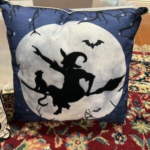Halloween Pillow. Witch on broom with cat